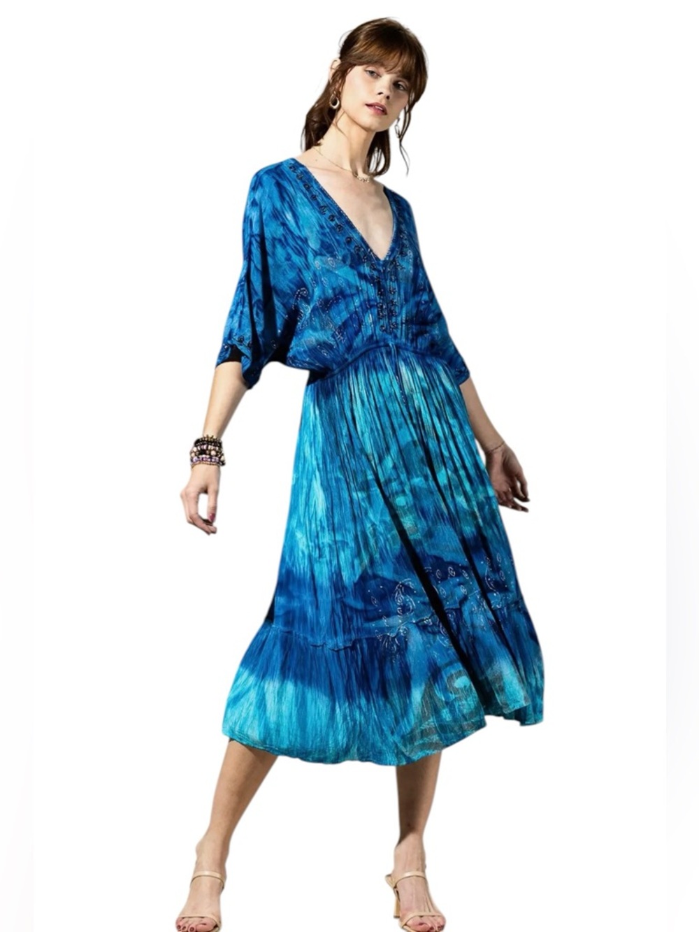 Shimmer Tide Boho V-Neck Rayon Blue Tie-Dye Midi Dress